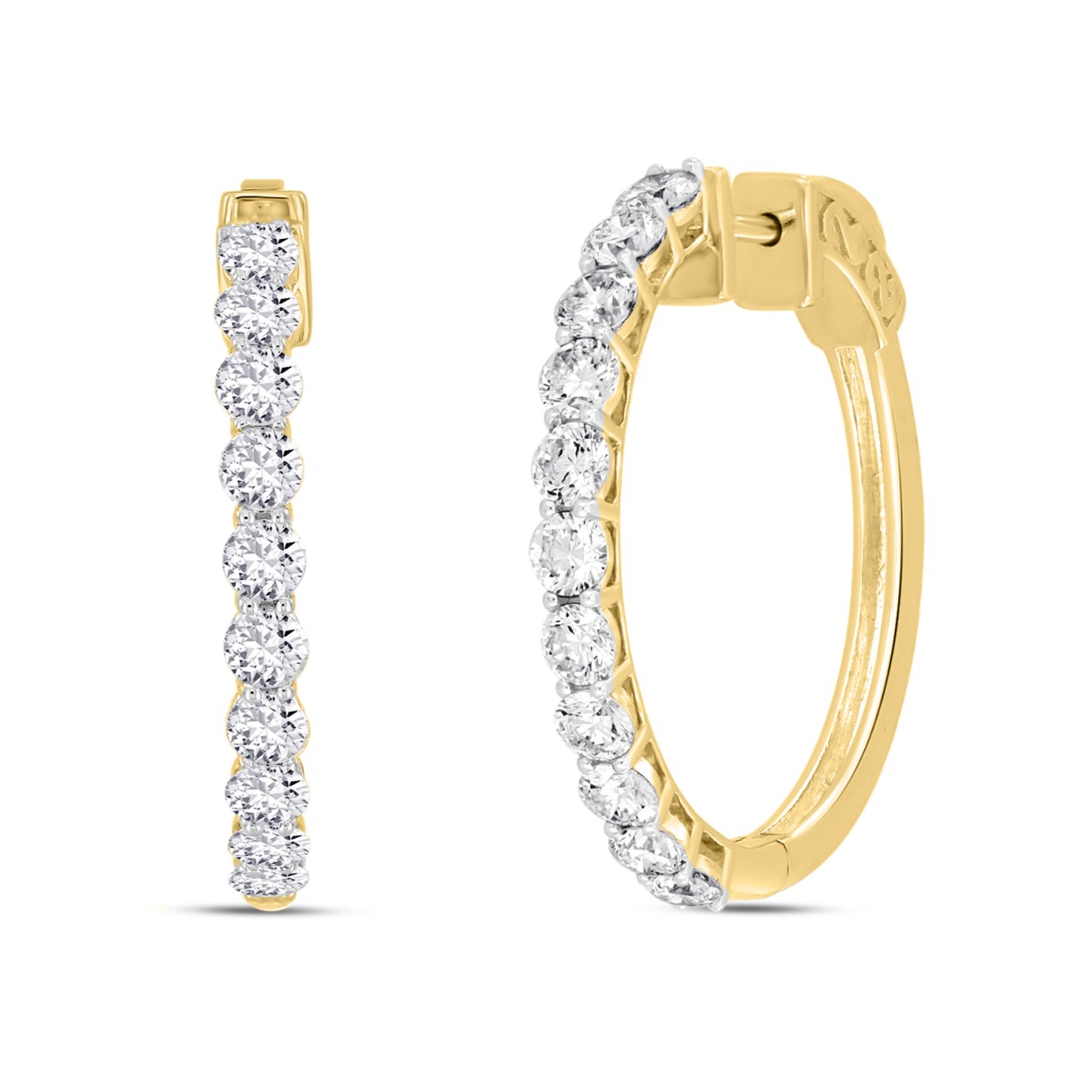 LADIES HOOP EARRINGS 2CT ROUND DIAMOND 14K YELLOW GOLD