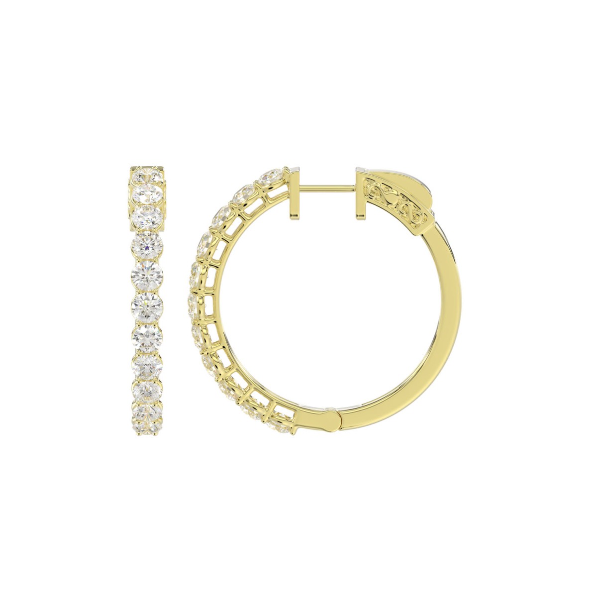 LADIES HOOP EARRINGS 2CT ROUND DIAMOND 14K YELLOW GOLD