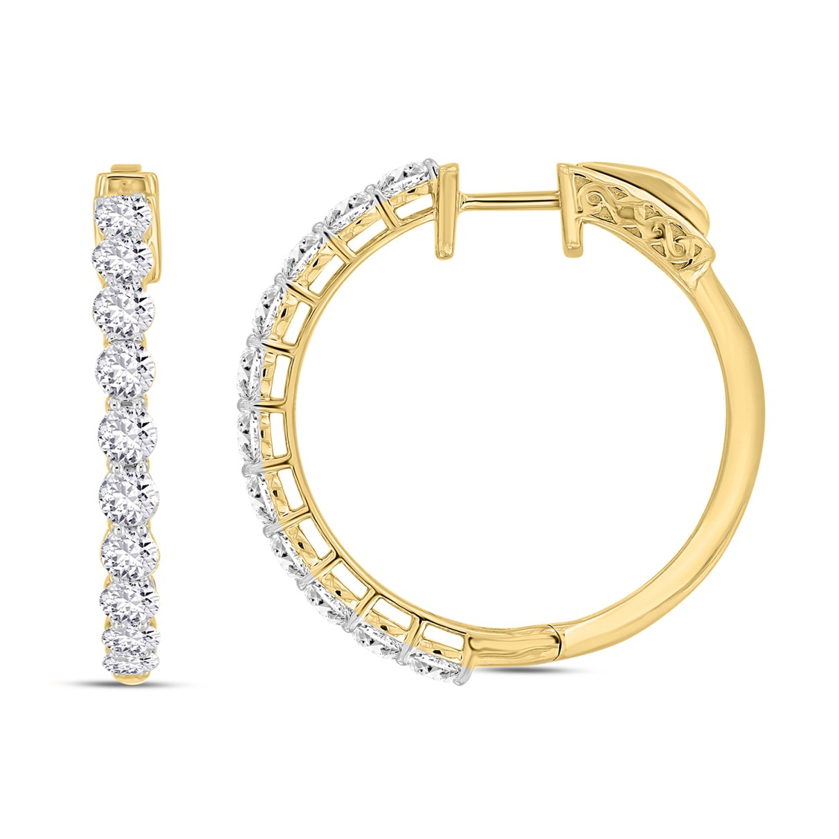 LADIES HOOP EARRINGS 2CT ROUND DIAMOND 14K YELLOW GOLD