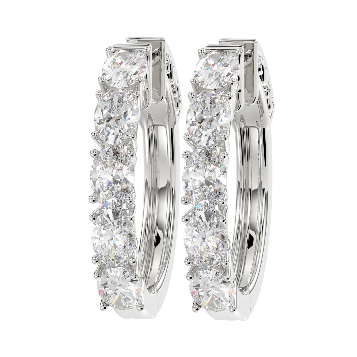 LADIES HOOP EARRINGS 2CT OVAL DIAMOND 14K WHITE GOLD