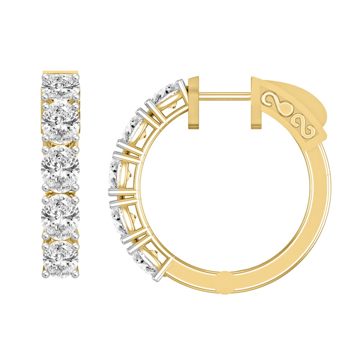 LADIES HOOP EARRINGS 2CT OVAL DIAMOND 14K YELLOW GOLD