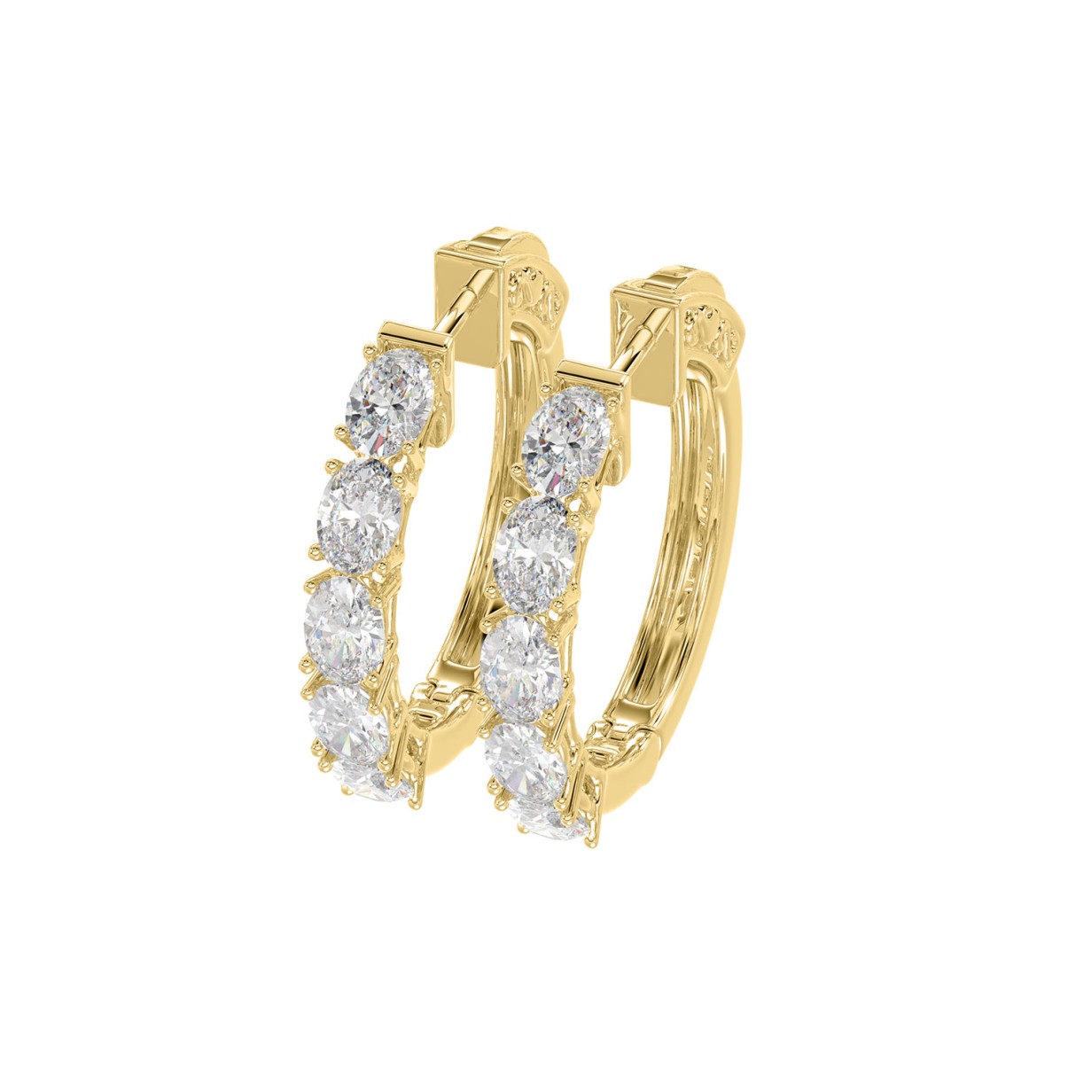 LADIES HOOP EARRINGS 2CT OVAL DIAMOND 14K YELLOW GOLD