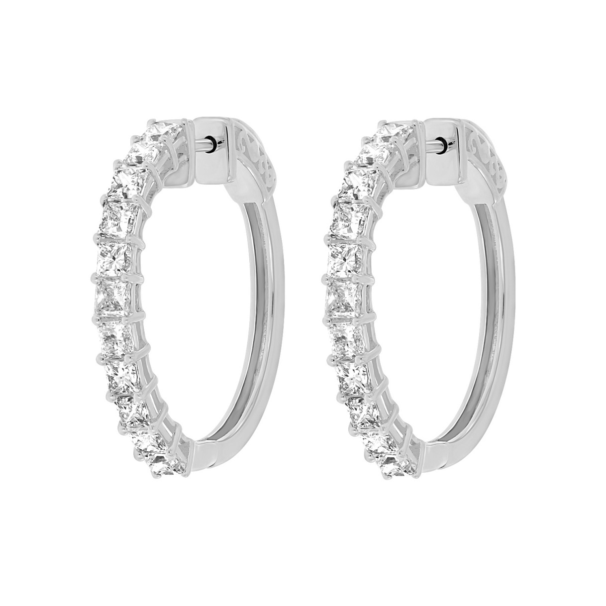 LADIES HOOP EARRINGS 2CT PRINCESS DIAMOND 14K WHIT...