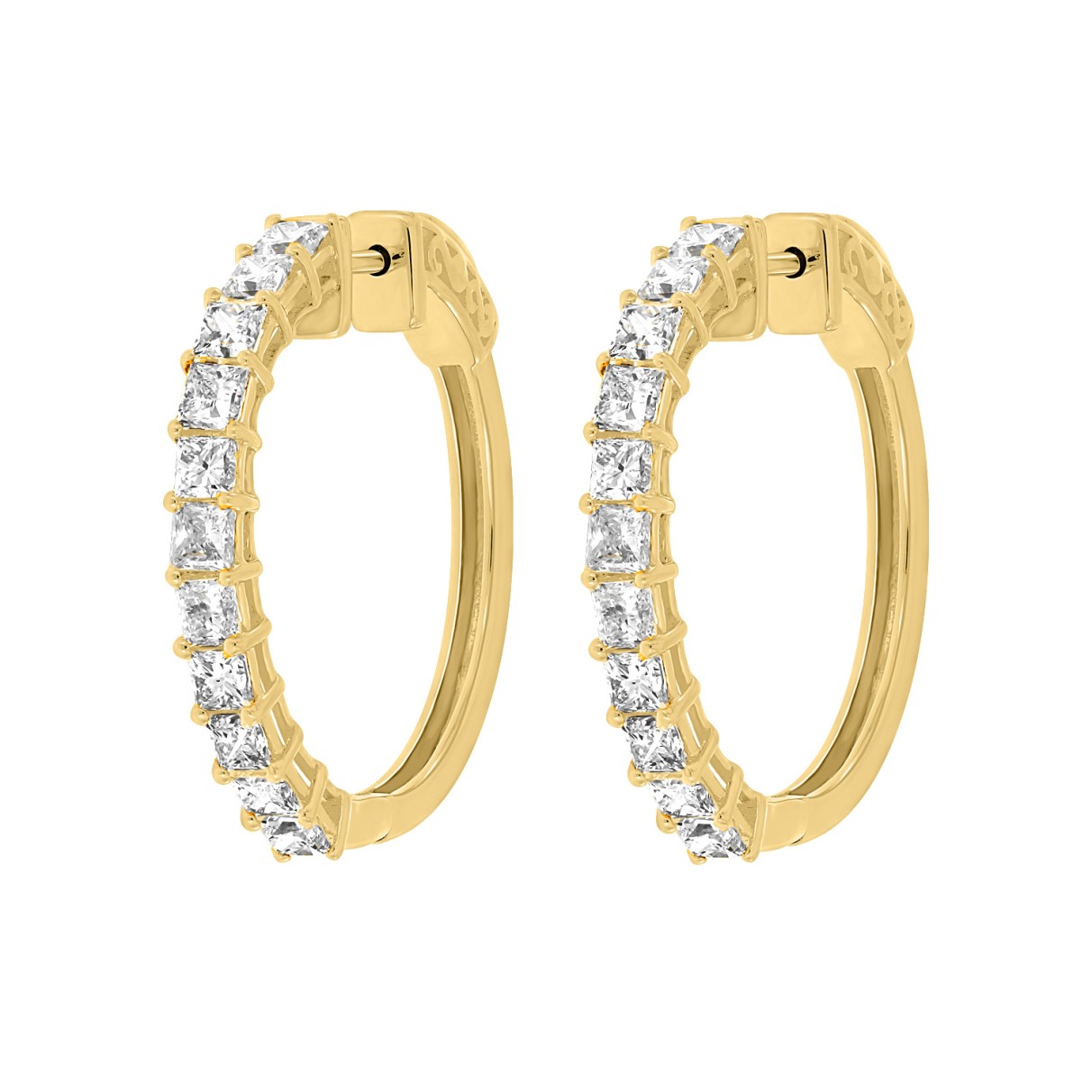 LADIES HOOP EARRINGS 2CT PRINCESS DIAMOND 14K YELLOW GOLD