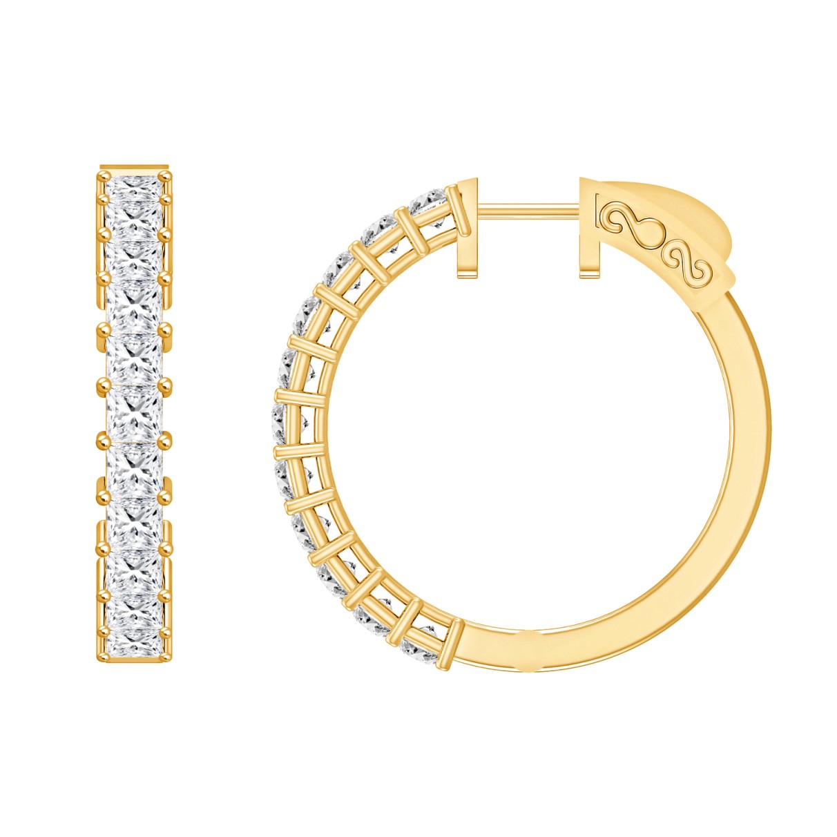 LADIES HOOP EARRINGS 2CT PRINCESS DIAMOND 14K YELLOW GOLD