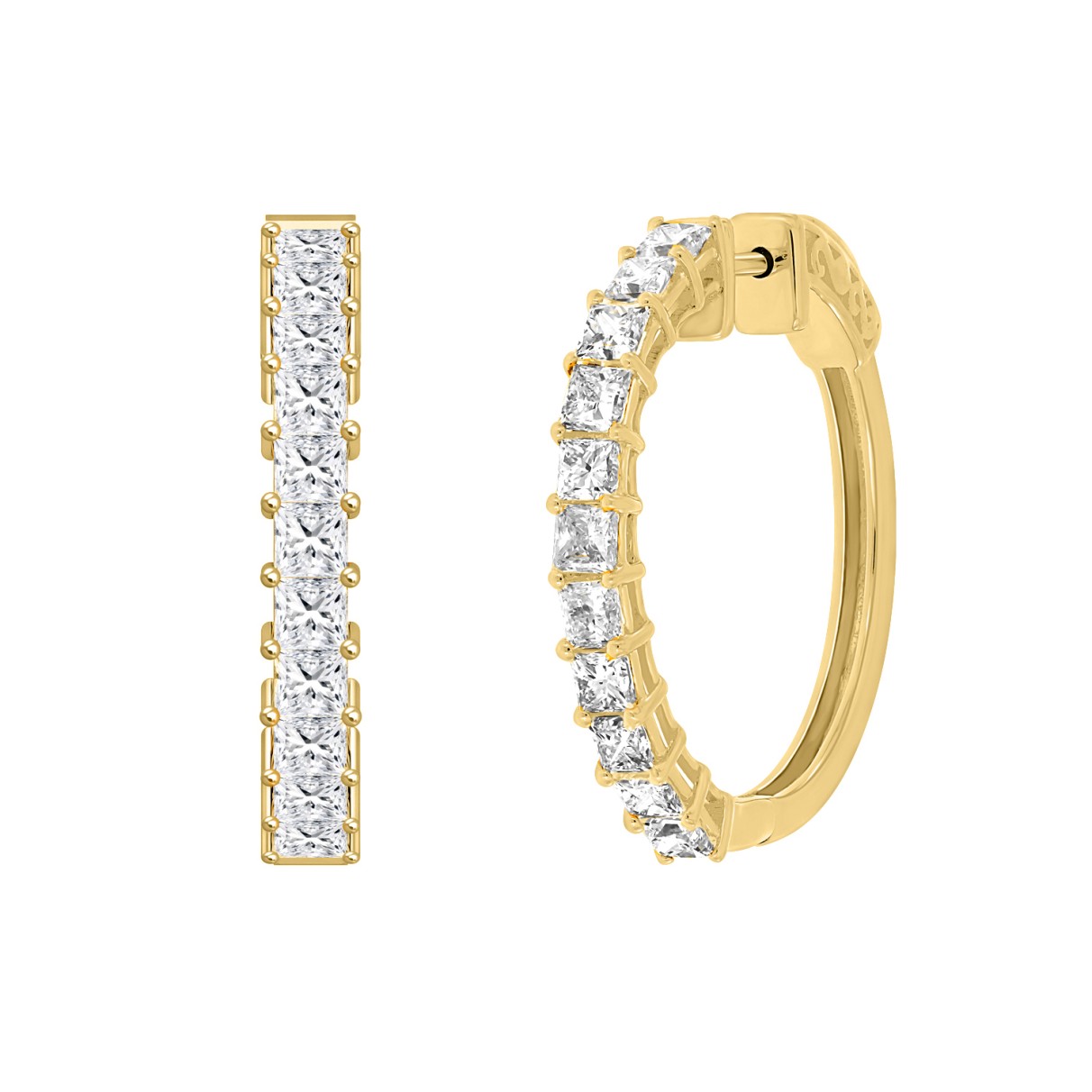 LADIES HOOP EARRINGS 2CT PRINCESS DIAMOND 14K YELLOW GOLD