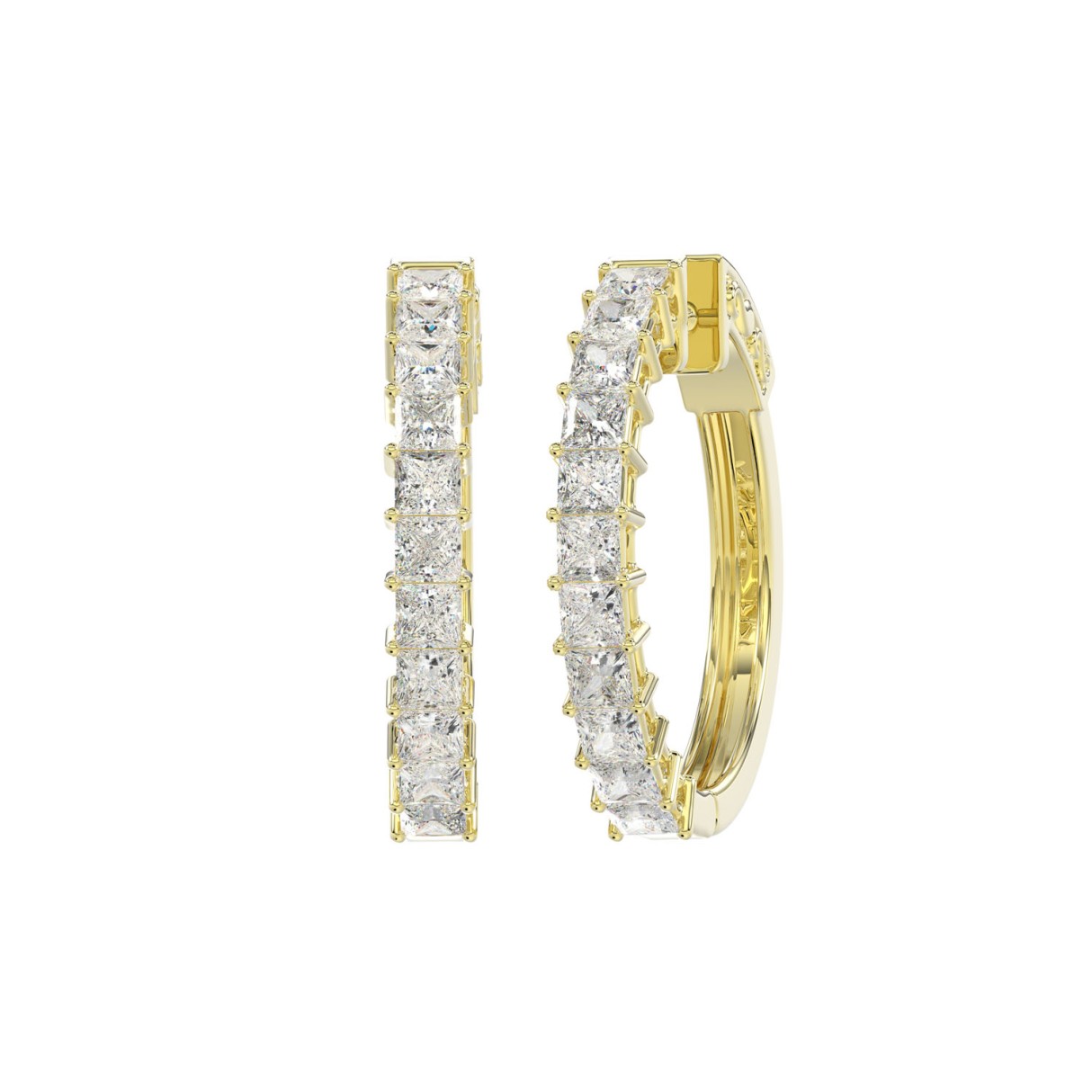 LADIES HOOP EARRINGS 2CT PRINCESS DIAMOND 14K YELLOW GOLD