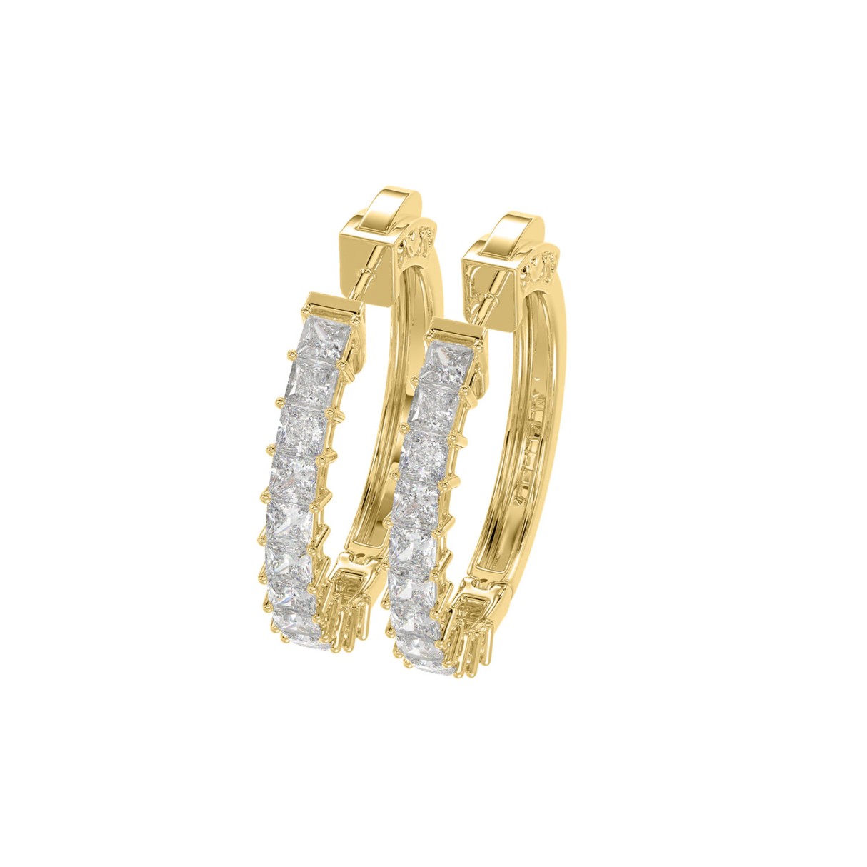 LADIES HOOP EARRINGS 2CT PRINCESS DIAMOND 14K YELLOW GOLD