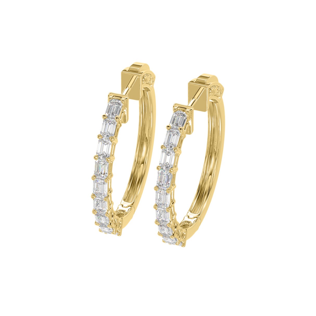 LADIES HOOP EARRINGS 2CT EMERALD DIAMOND 14K YELLOW GOLD
