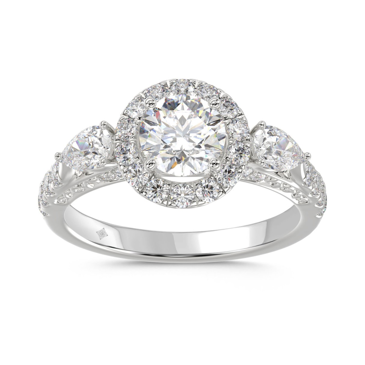 LADIES RING 2CT ROUND/PEAR DIAMOND 14K WHITE GOLD (CENTER STONE ROUND DIAMOND 1CT )