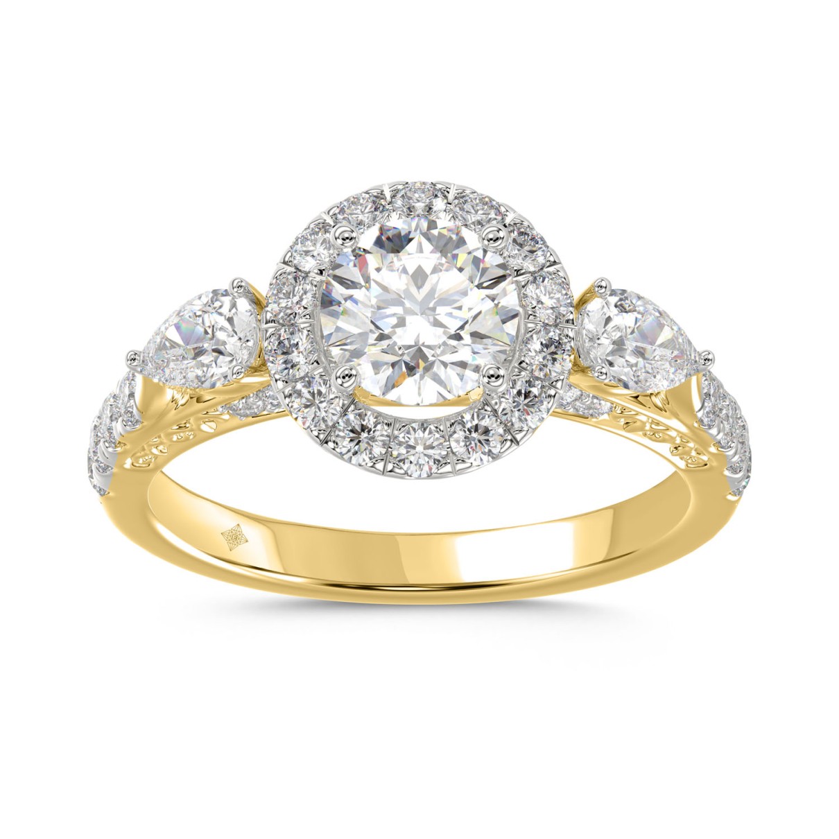 LADIES RING 2CT ROUND/PEAR DIAMOND 14K YELLOW GOLD (CENTER STONE ROUND DIAMOND 1CT )