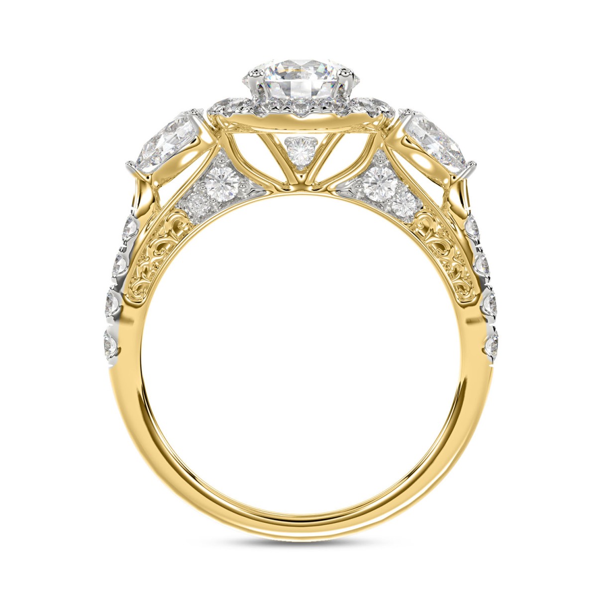 LADIES RING 2CT ROUND/PEAR DIAMOND 14K YELLOW GOLD (CENTER STONE ROUND DIAMOND 1CT )