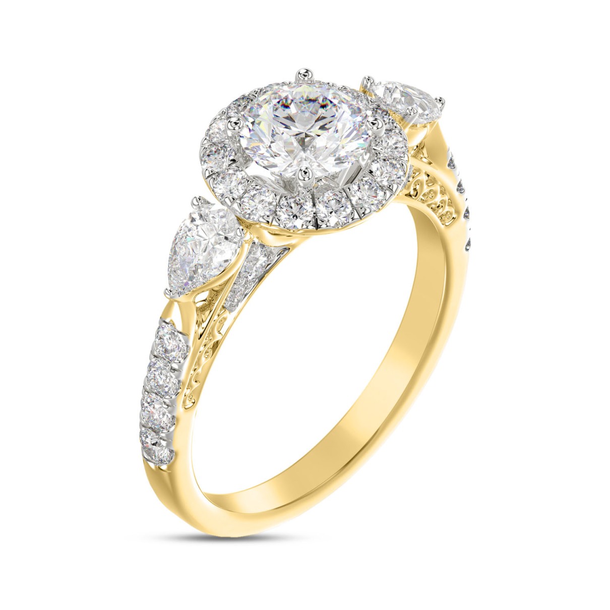 LADIES RING 2CT ROUND/PEAR DIAMOND 14K YELLOW GOLD (CENTER STONE ROUND DIAMOND 1CT )