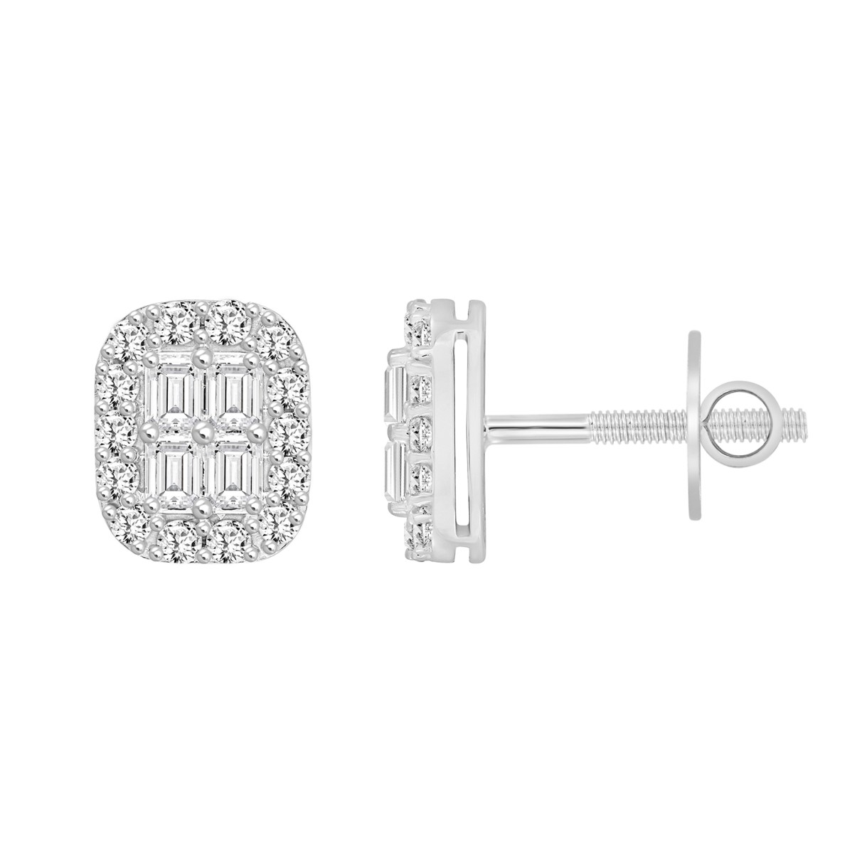 14K WHITE GOLD 1 1/2CT ROUND/EMERALD DIAMOND MEN'S EARRINGS 