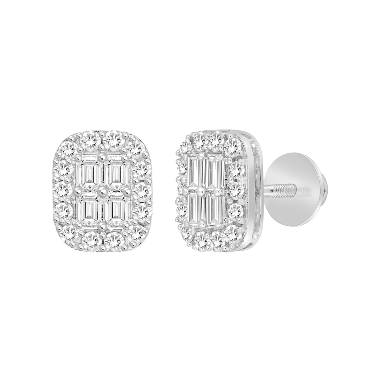 14K WHITE GOLD 1 1/2CT ROUND/EMERALD DIAMOND MEN'S EARRINGS 