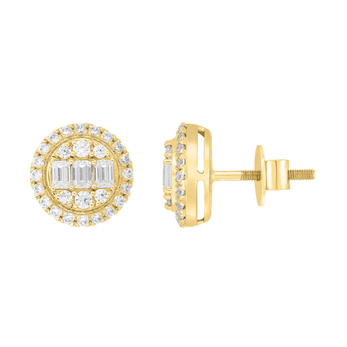 LADIES EARRINGS 1 1/4CT ROUND/EMERALD DIAMOND 14K YELLOW GOLD