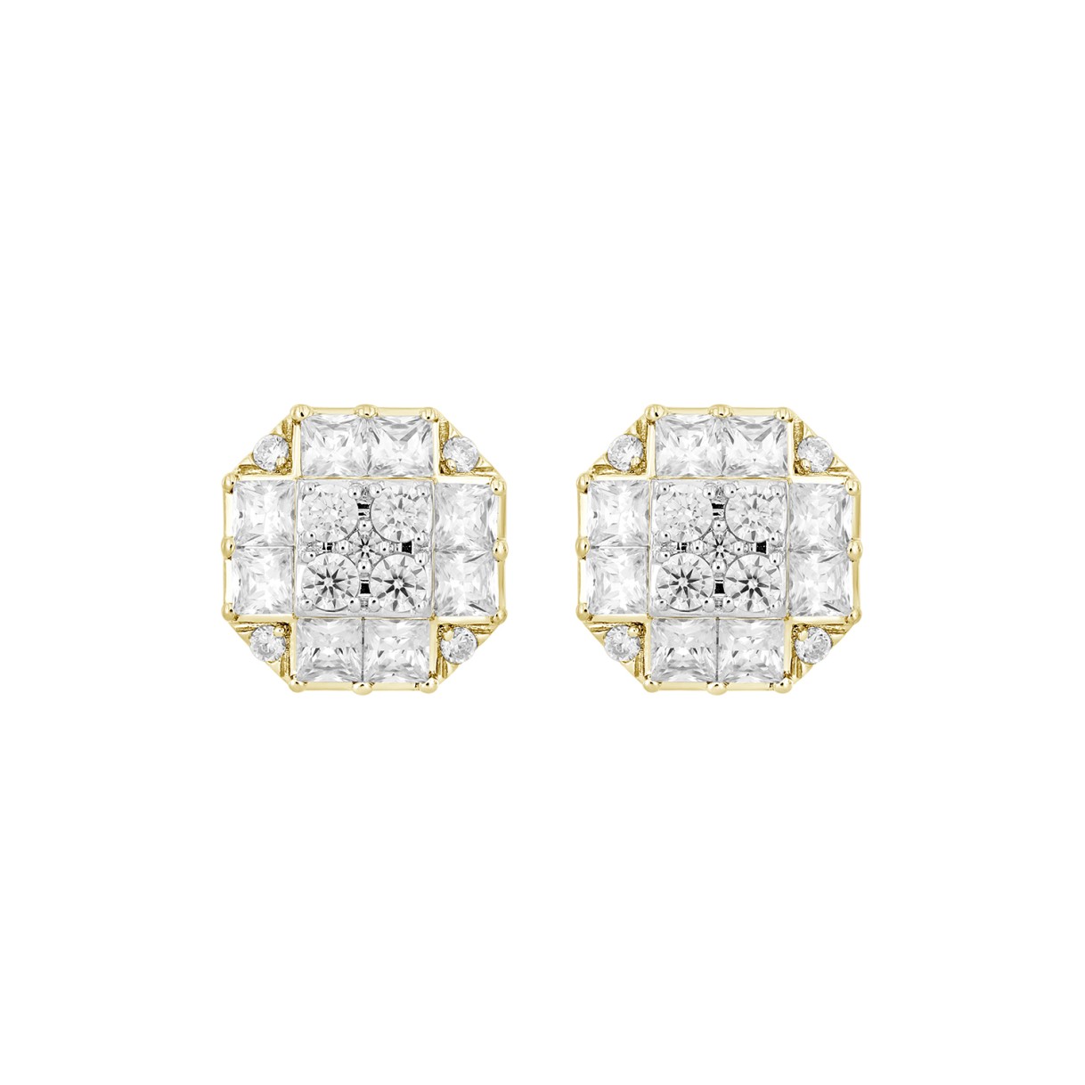 MEN'S EARRINGS 1 3/4CT ROUND/PRINCESS DIAMOND 14K YELLOW GOLD