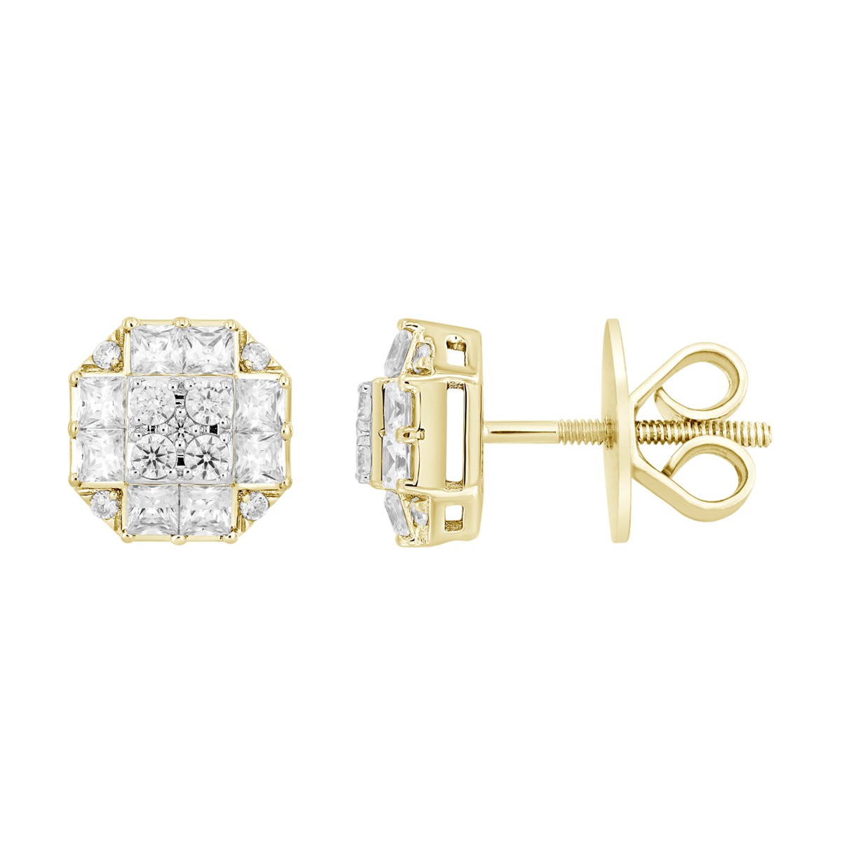 MEN'S EARRINGS 1 3/4CT ROUND/PRINCESS DIAMOND 14K YELLOW GOLD