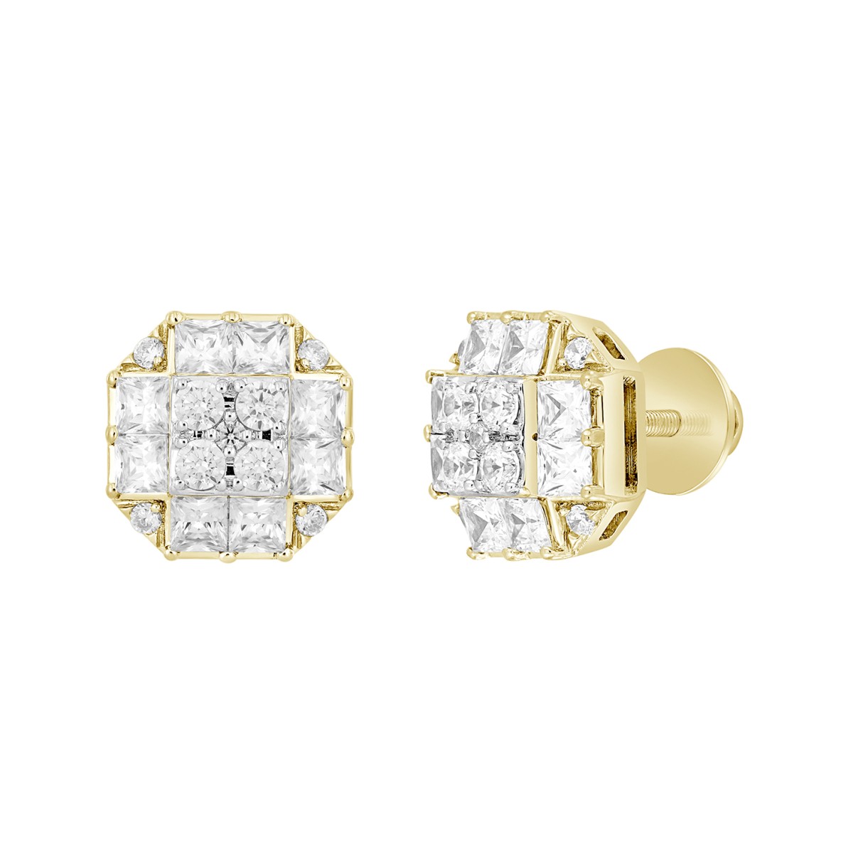 MEN'S EARRINGS 1 3/4CT ROUND/PRINCESS DIAMOND 14K YELLOW GOLD