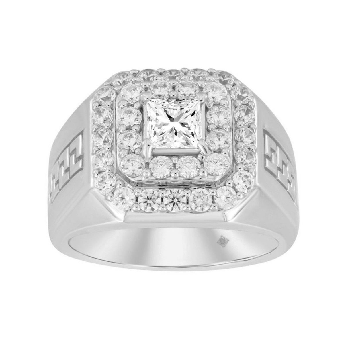 14K WHITE GOLD 2 1/2CT ROUND/PRINCESS DIAMOND MEN'S RING (CENTER STONE PRINCESS DIAMOND 1CT )