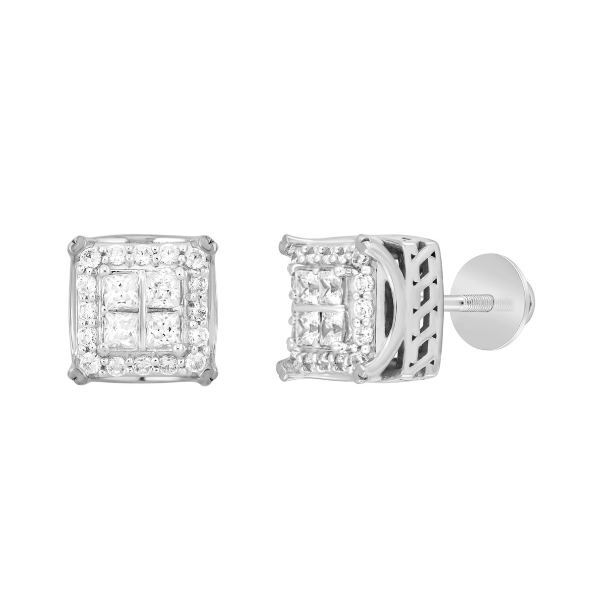 14K WHITE GOLD 1CT ROUND/PRINCESS DIAMOND MEN'S EARRINGS 