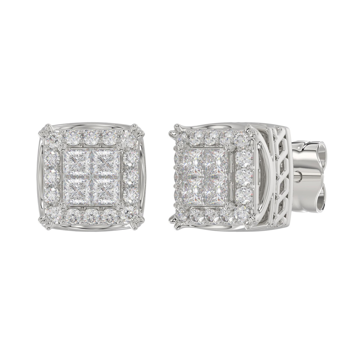 14K WHITE GOLD 1CT ROUND/PRINCESS DIAMOND MEN'S EARRINGS 
