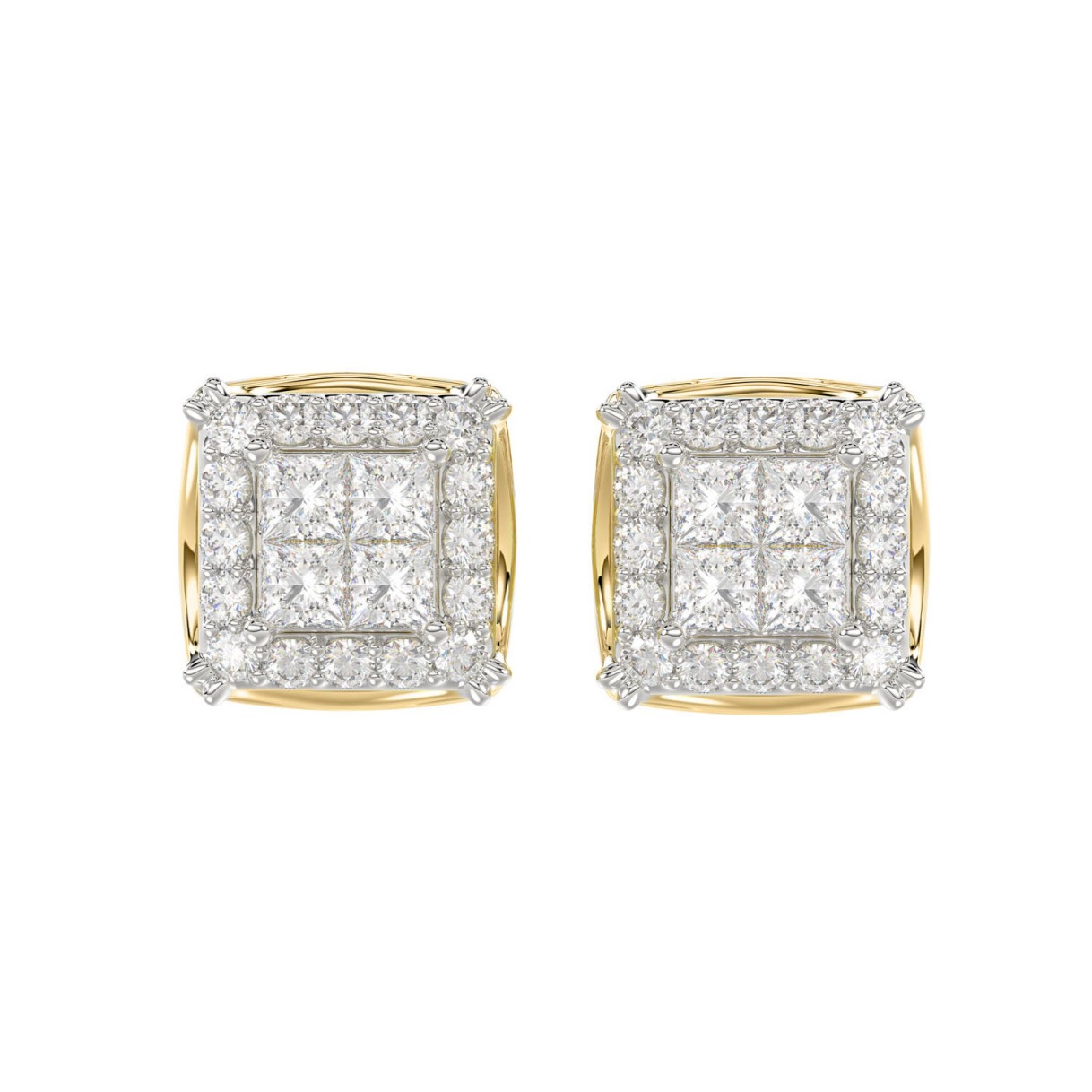 14K YELLOW GOLD 1CT ROUND/PRINCESS DIAMOND MEN'S EARRINGS 