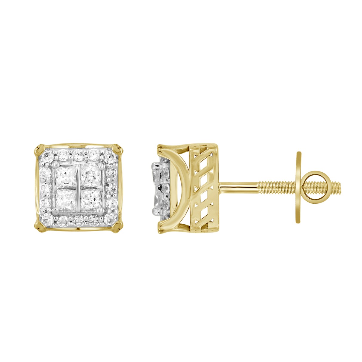 14K YELLOW GOLD 1CT ROUND/PRINCESS DIAMOND MEN'S EARRINGS 