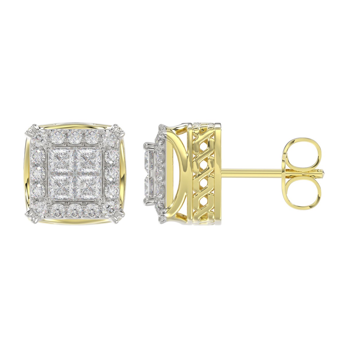 14K YELLOW GOLD 1CT ROUND/PRINCESS DIAMOND MEN'S EARRINGS 