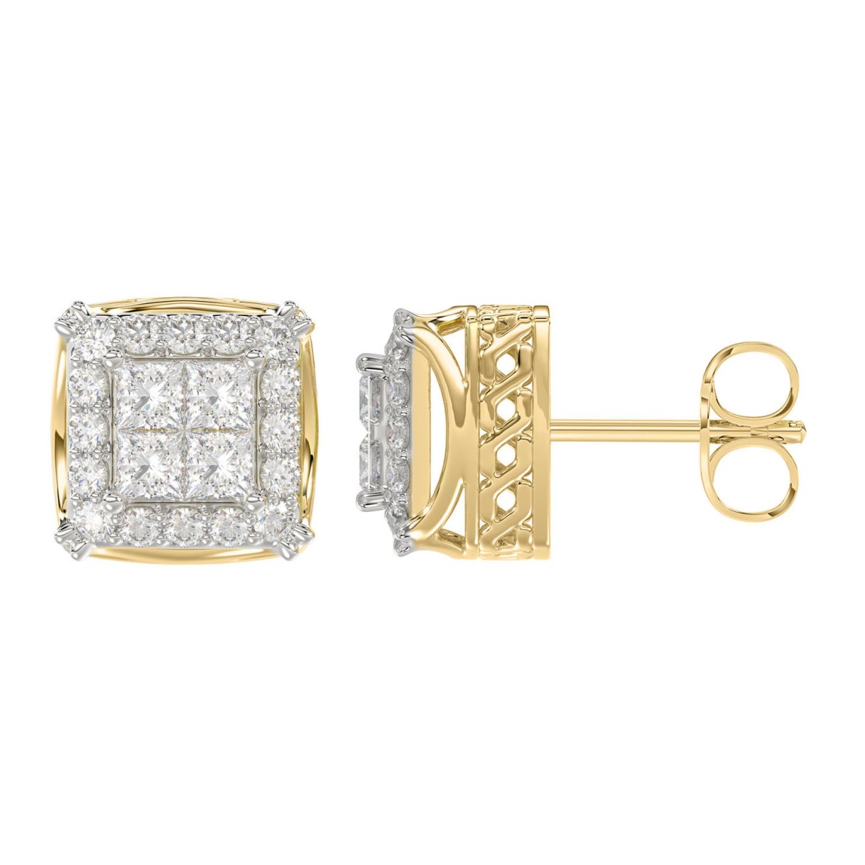 14K YELLOW GOLD 1CT ROUND/PRINCESS DIAMOND MEN'S EARRINGS 
