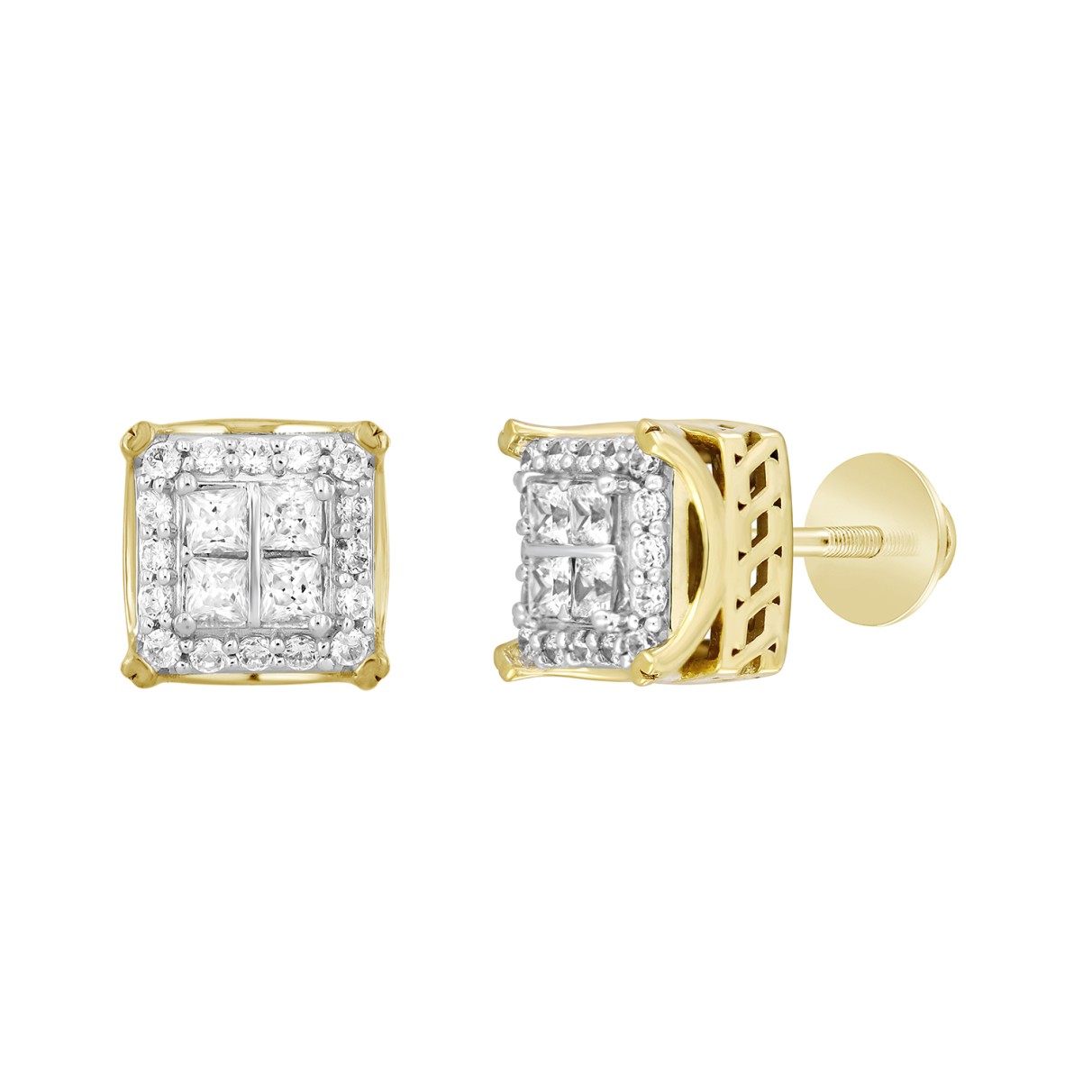 14K YELLOW GOLD 1CT ROUND/PRINCESS DIAMOND MEN'S EARRINGS 