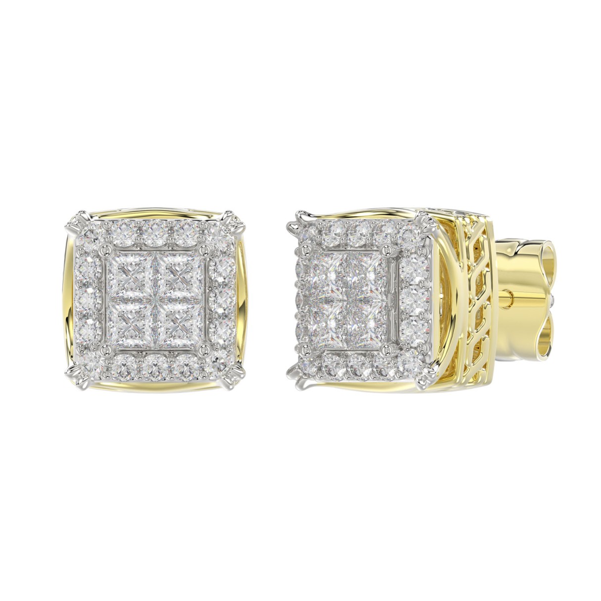 14K YELLOW GOLD 1CT ROUND/PRINCESS DIAMOND MEN'S EARRINGS 