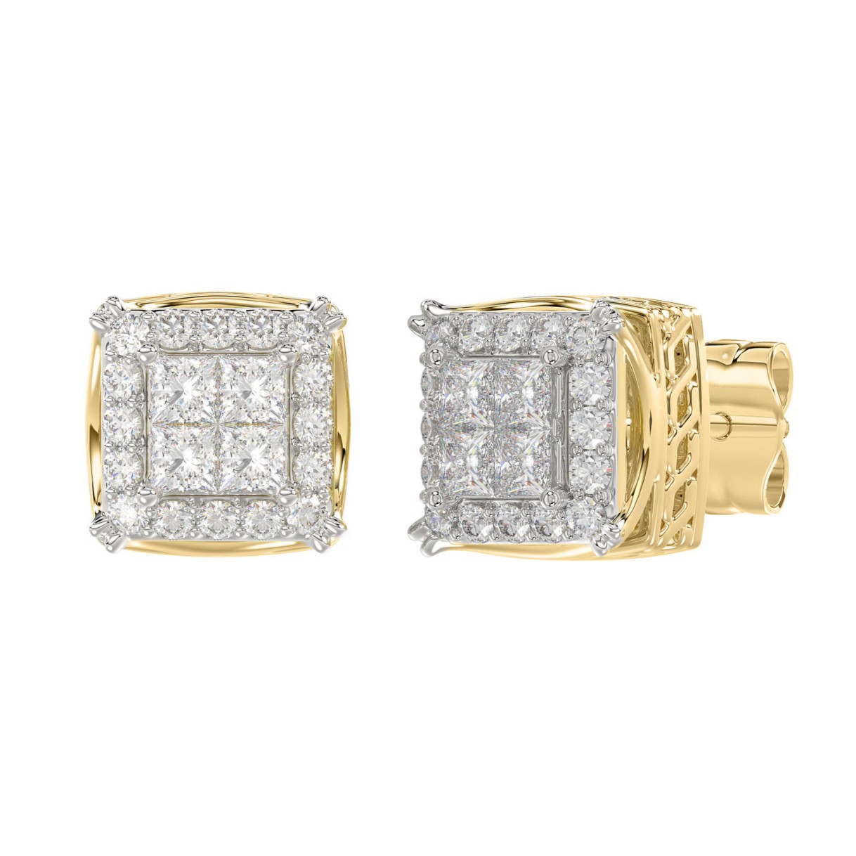 14K YELLOW GOLD 1CT ROUND/PRINCESS DIAMOND MEN'S EARRINGS 
