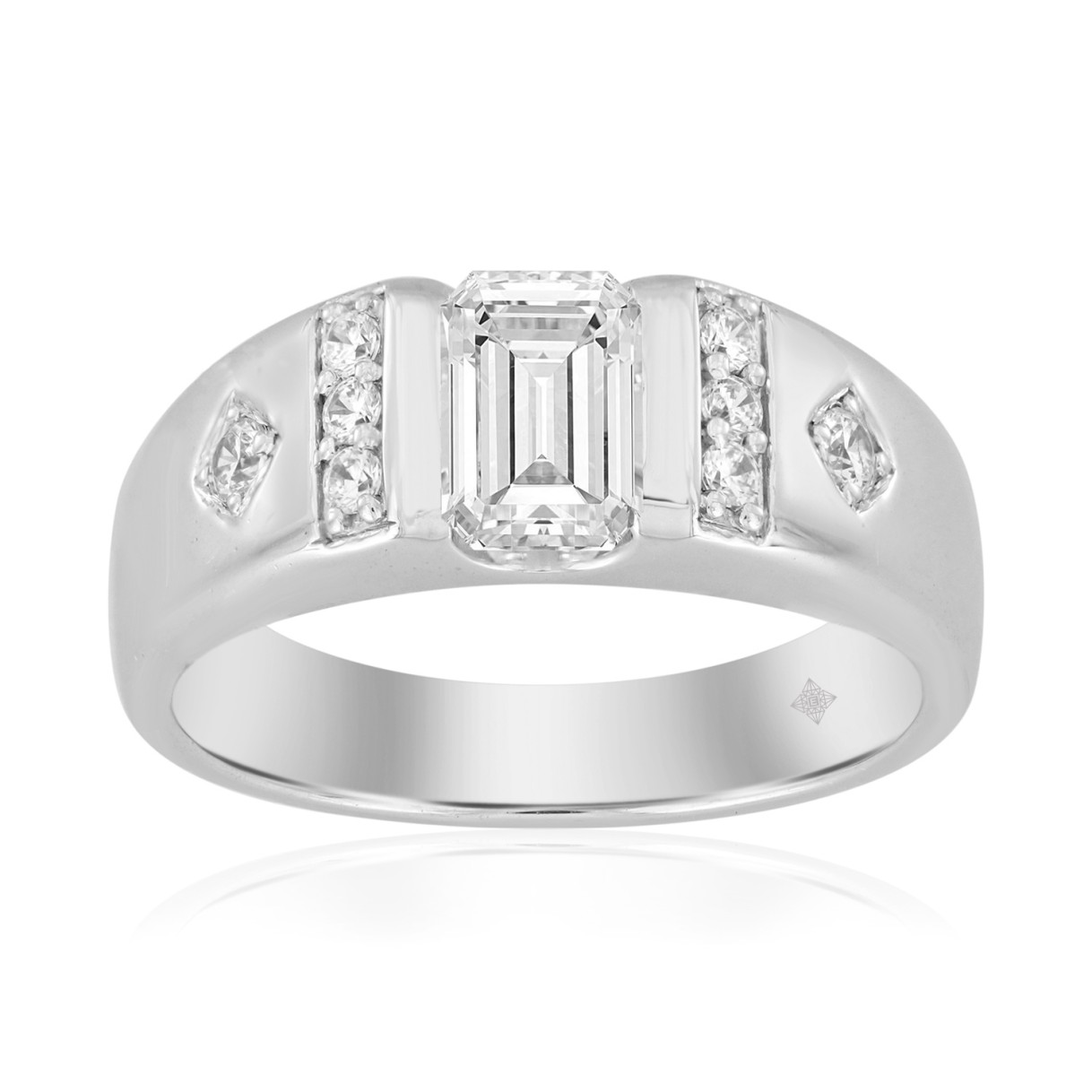 MEN'S RING 1 3/4CT EMERALD/ROUND DIAMOND 14K WHITE...