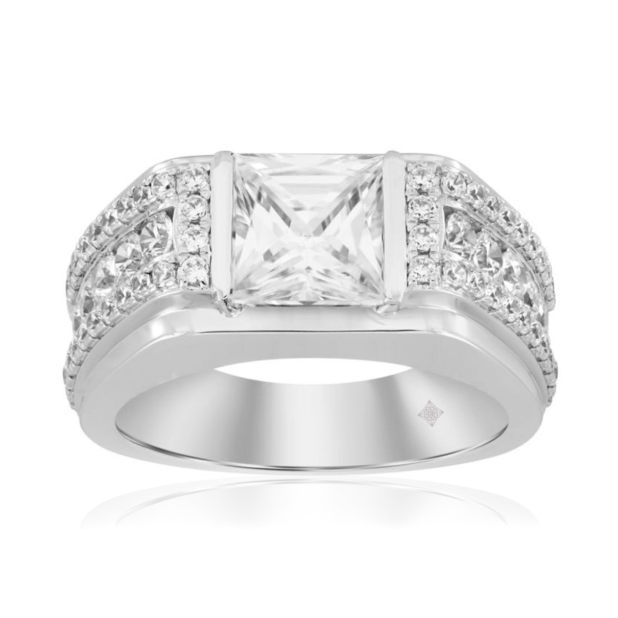 MEN'S RING 3 1/2CT ROUND/PRINCESS DIAMOND 14K WHITE GOLD (CENTER STONE PRINCESS DIAMOND 2CT )