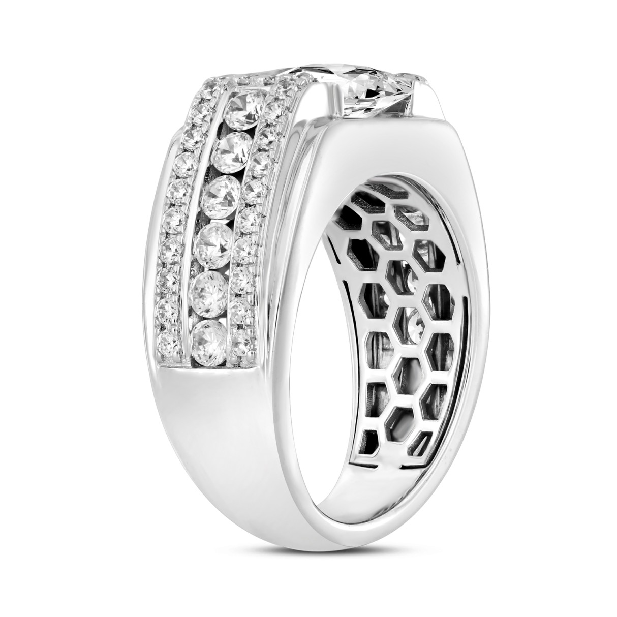 MEN'S RING 3 1/2CT ROUND/PRINCESS DIAMOND 14K WHITE GOLD (CENTER STONE PRINCESS DIAMOND 2CT )