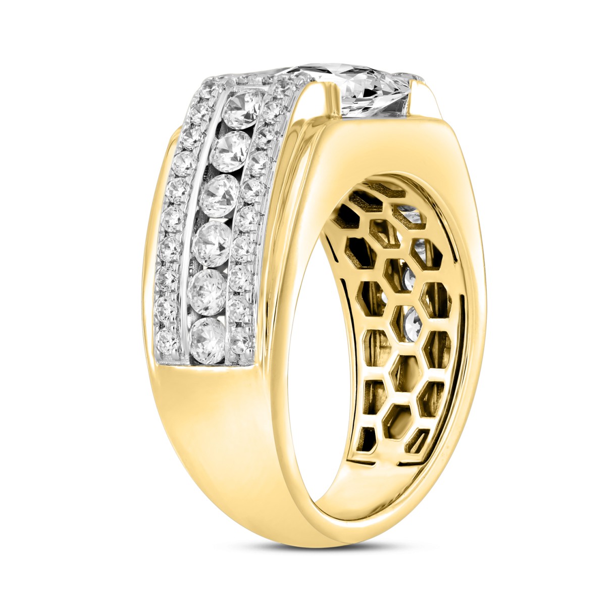 MEN'S RING 3 1/2CT ROUND/PRINCESS DIAMOND 14K YELLOW GOLD (CENTER STONE PRINCESS DIAMOND 2CT )