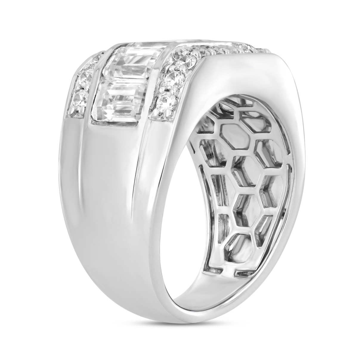 MEN'S RING 4 1/4CT ROUND/EMERALD DIAMOND 14K WHITE GOLD