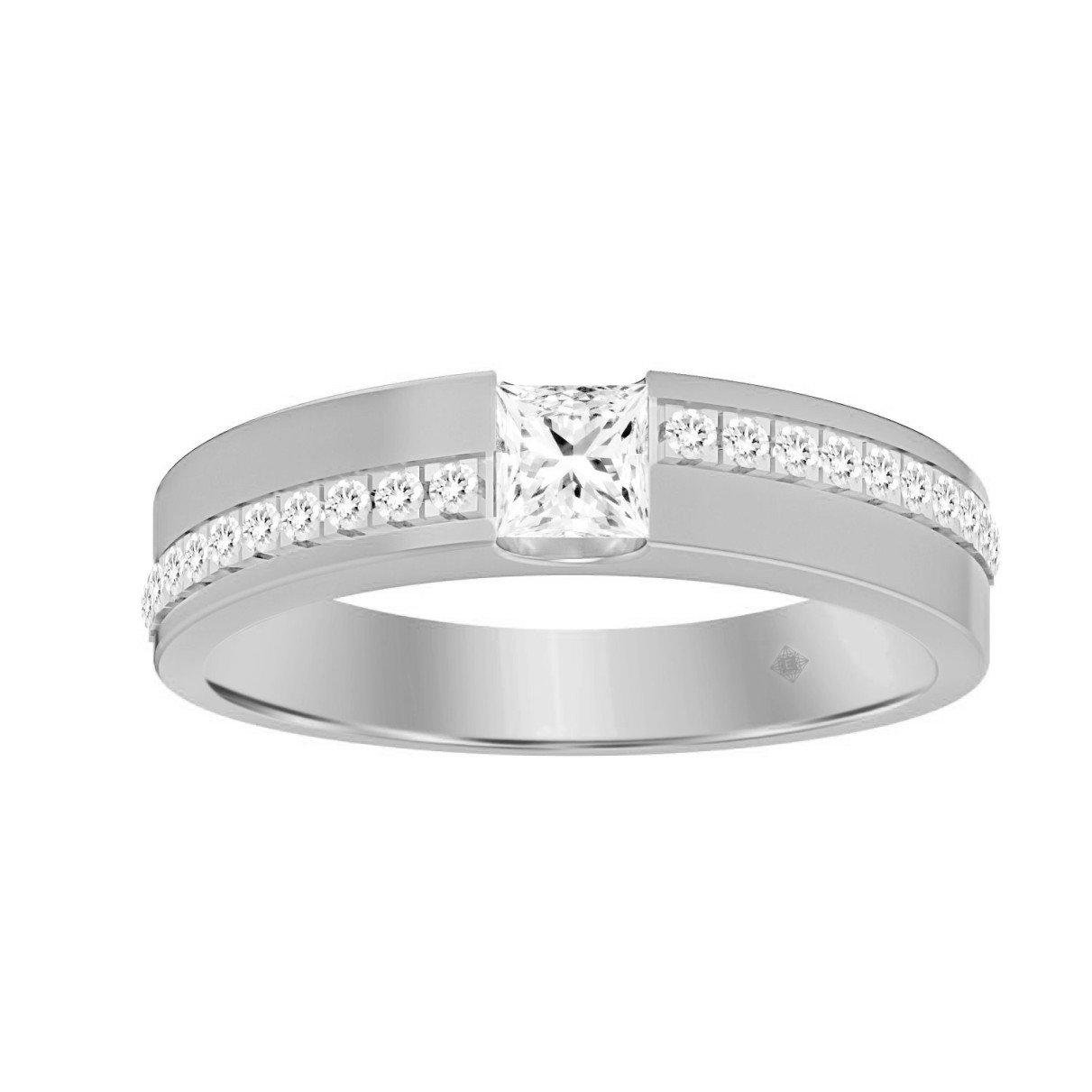 14K WHITE GOLD 3/4CT ROUND/PRINCESS DIAMOND MEN'S BAND (CENTER STONE PRINCESS DIAMOND 1/2CT )