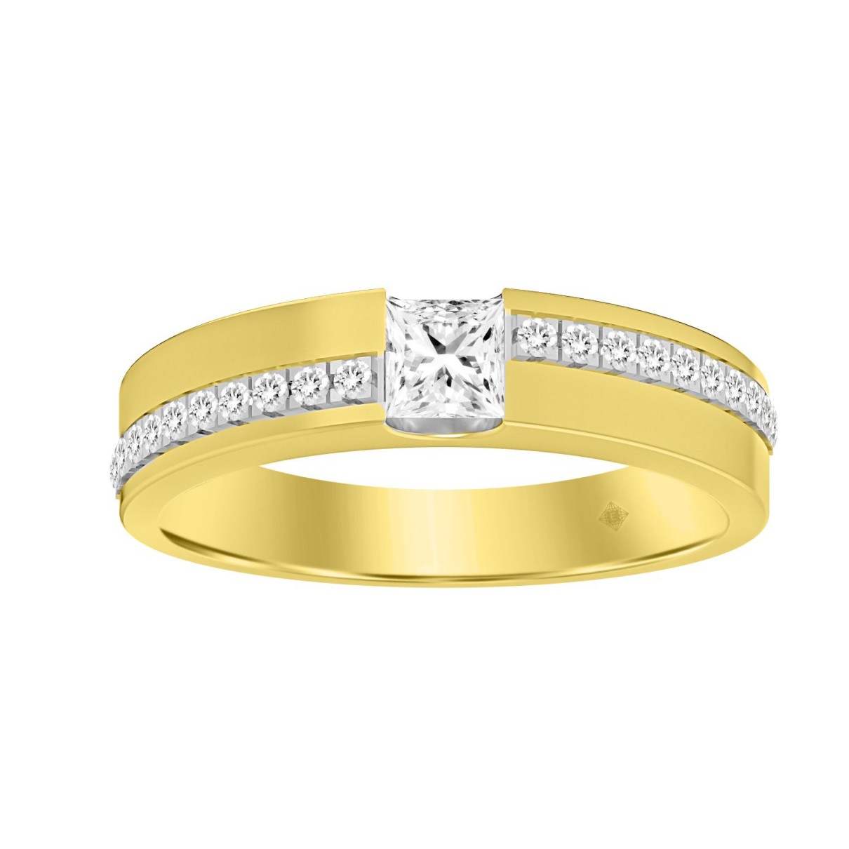 14K YELLOW GOLD 3/4CT ROUND/PRINCESS DIAMOND MEN'S BAND (CENTER STONE PRINCESS DIAMOND 1/2CT )