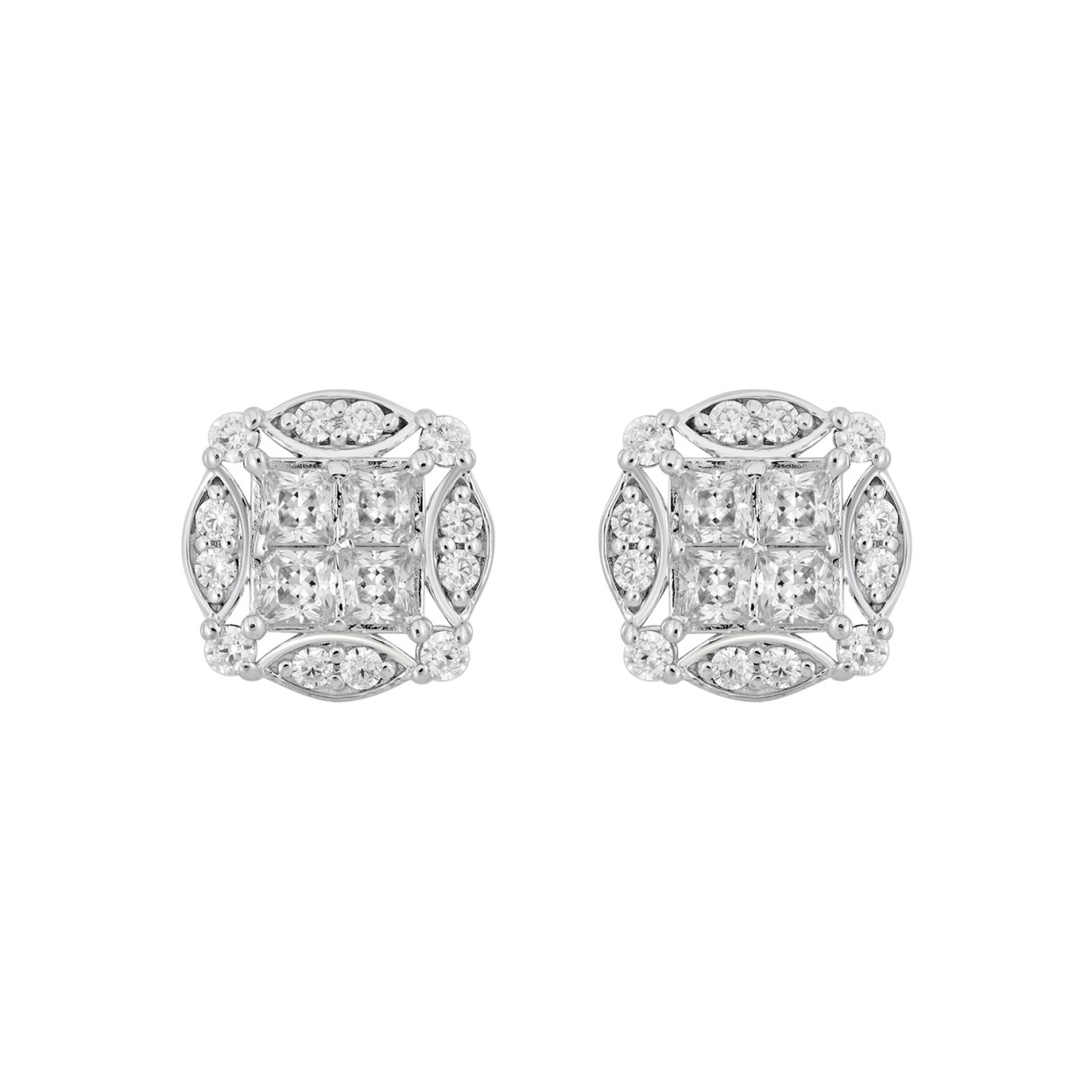 14K WHITE GOLD 1 1/4CT ROUND/PRINCESS DIAMOND MEN'S EARRINGS 