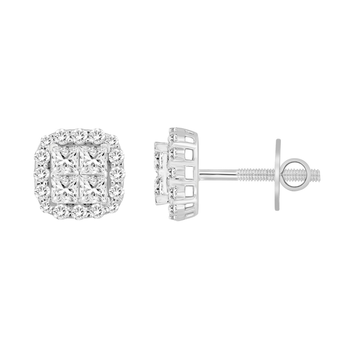 14K WHITE GOLD 1 1/2CT ROUND/PRINCESS DIAMOND MEN'S EARRINGS 
