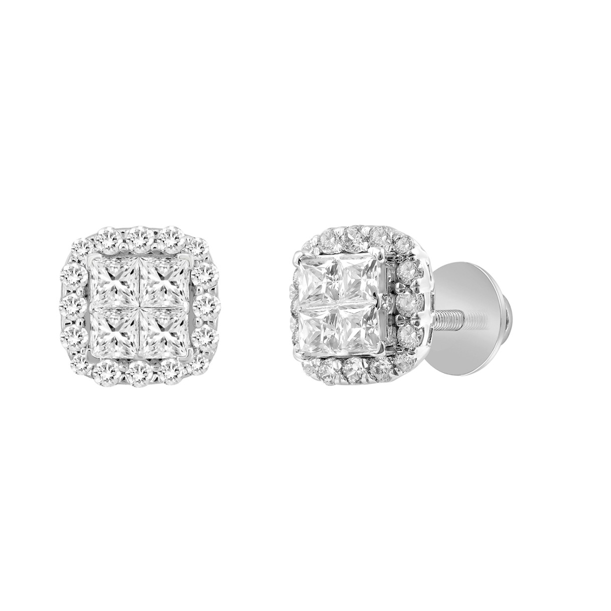 14K WHITE GOLD 1 1/2CT ROUND/PRINCESS DIAMOND MEN'S EARRINGS 