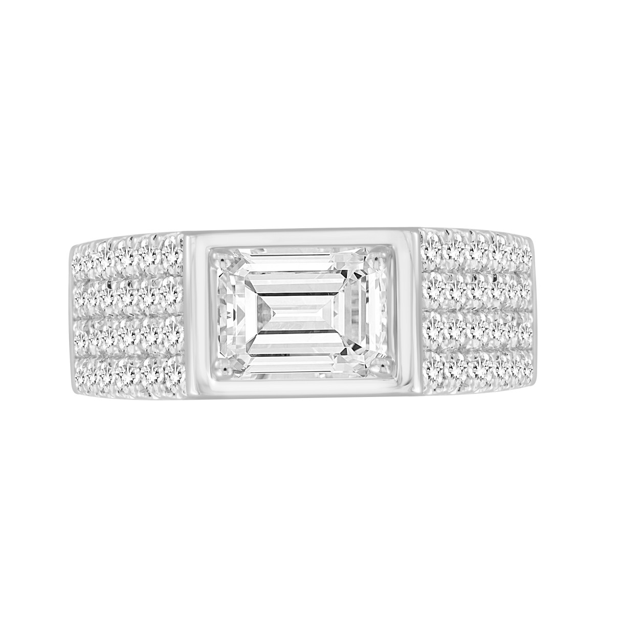 MEN'S RING 3CT EMERALD/ROUND DIAMOND 14K WHITE GOLD (CENTER STONE EMERALD DIAMOND 2CT )