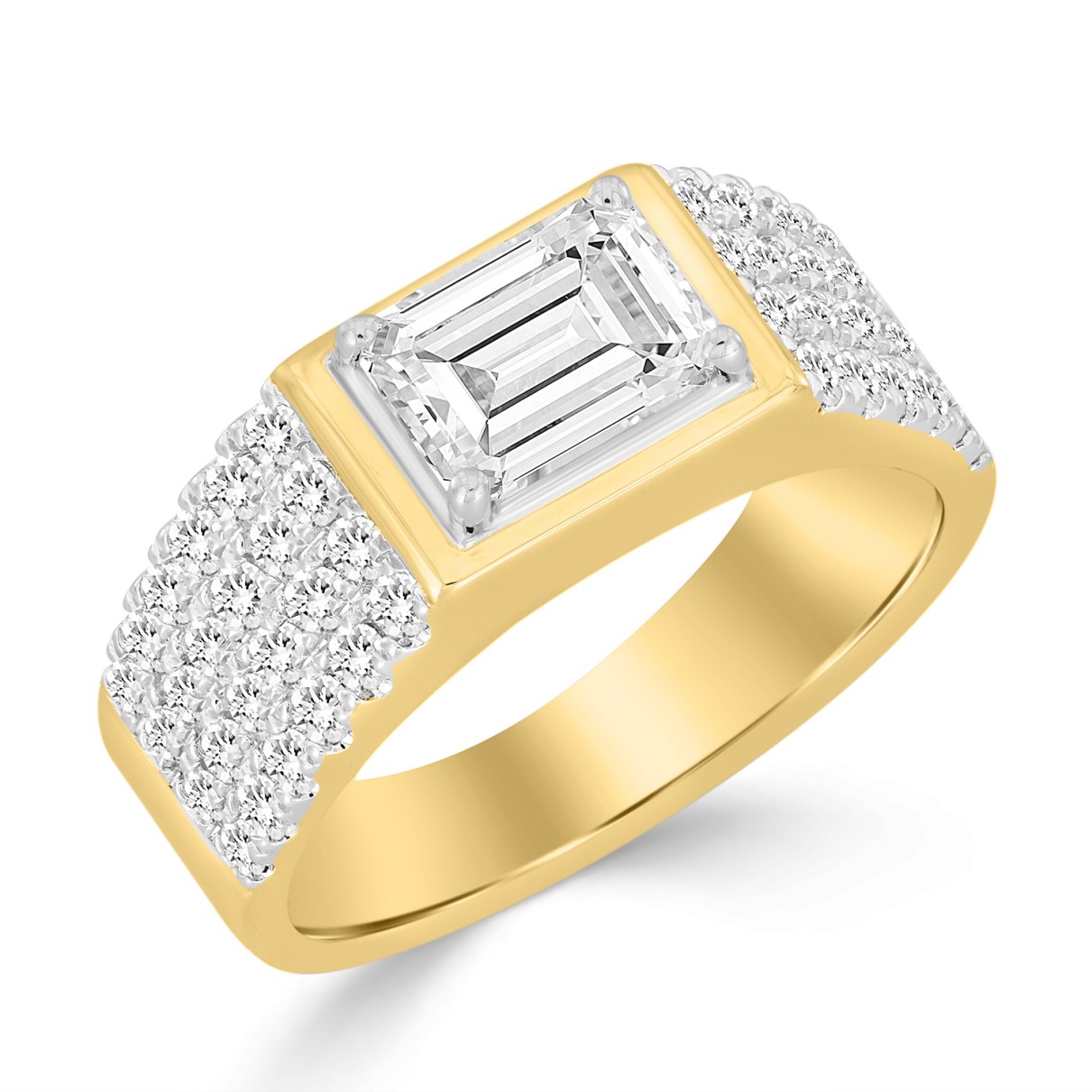 MEN'S RING 3CT EMERALD/ROUND DIAMOND 14K YELLOW GOLD (CENTER STONE EMERALD DIAMOND 2CT )
