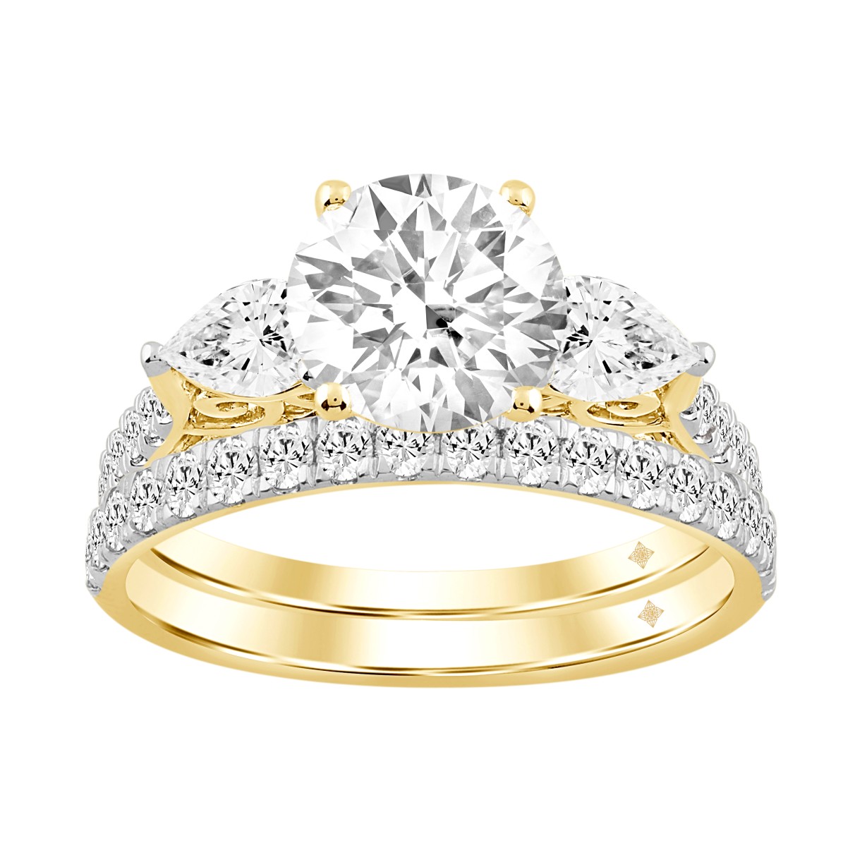 LADIES BRIDAL SET 3CT ROUND/PEAR DIAMOND 14K YELLO...