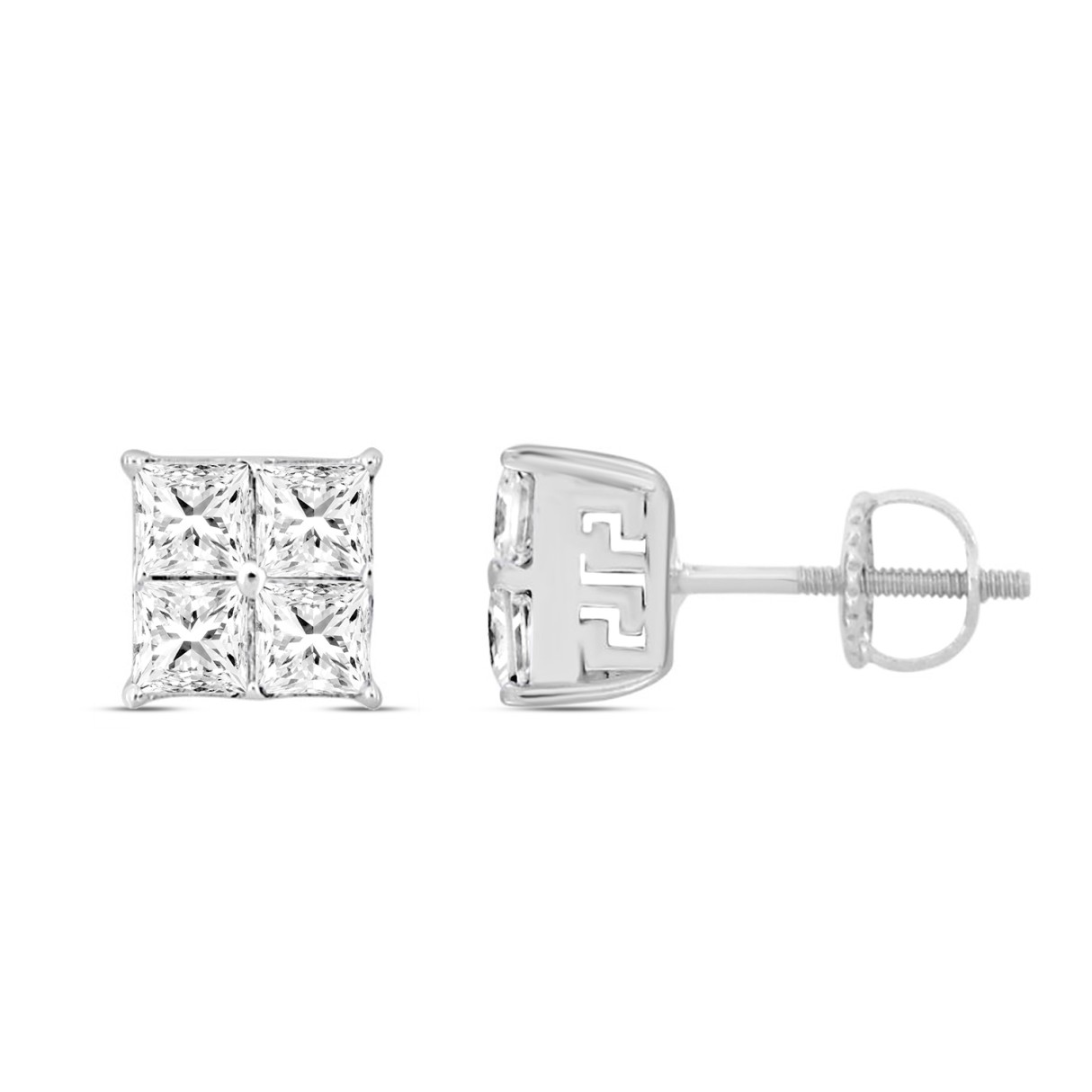 MEN'S EARRINGS 1 1/2CT PRINCESS DIAMOND 14K WHITE GOLD