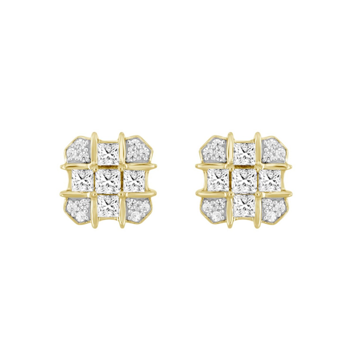 MEN'S EARRINGS 1CT ROUND/PRINCESS DIAMOND 14K YELL...