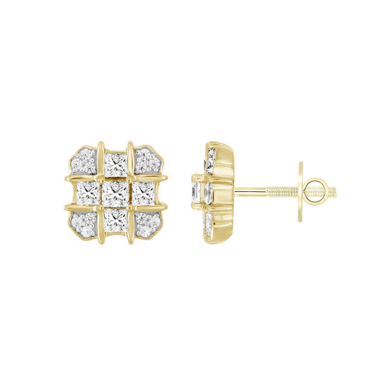 MEN'S EARRINGS 1CT ROUND/PRINCESS DIAMOND 14K YELLOW GOLD