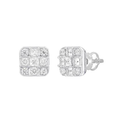 LADIES EARRINGS 1CT ROUND/PRINCESS DIAMOND 14K WHITE GOLD